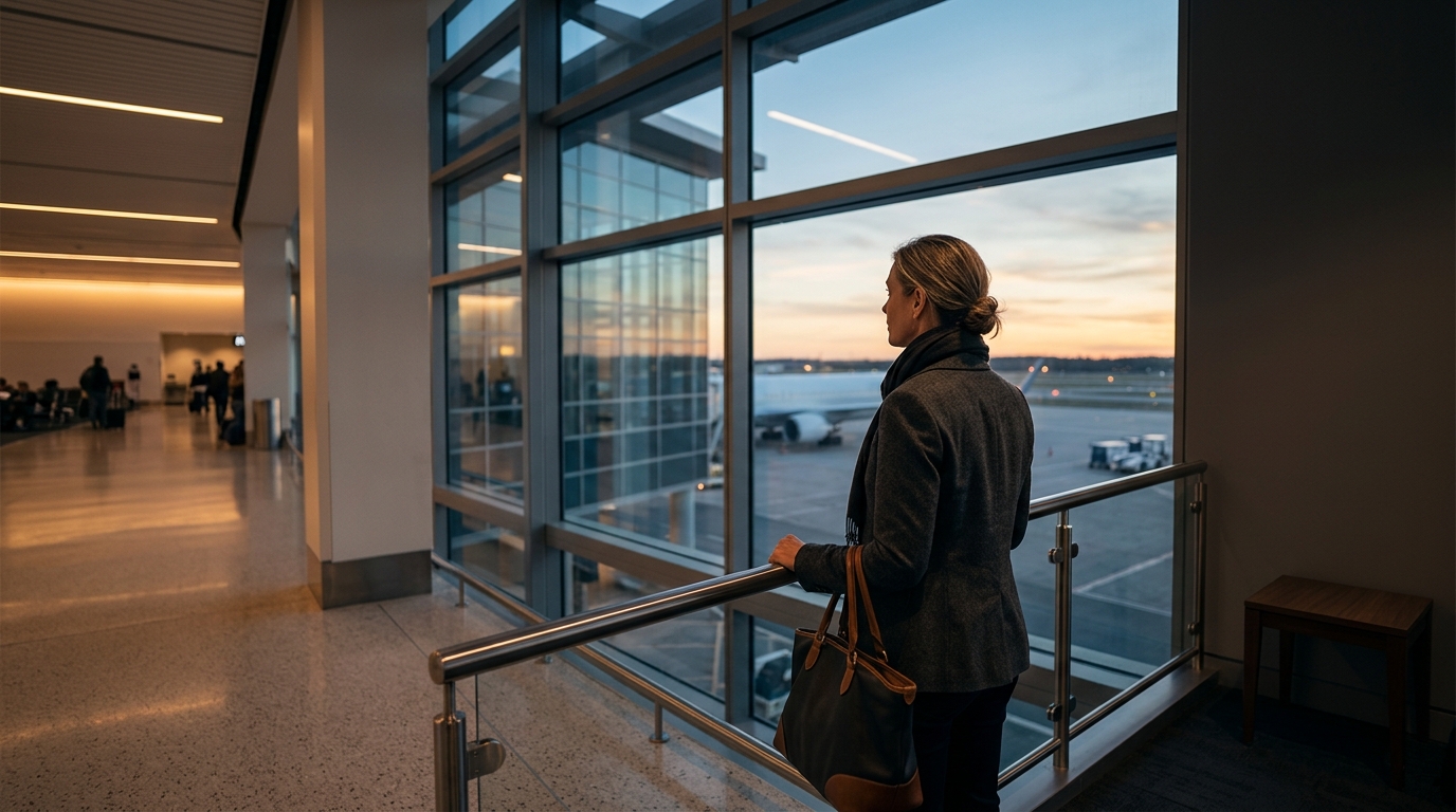 International travelers moving through a modern airport terminal