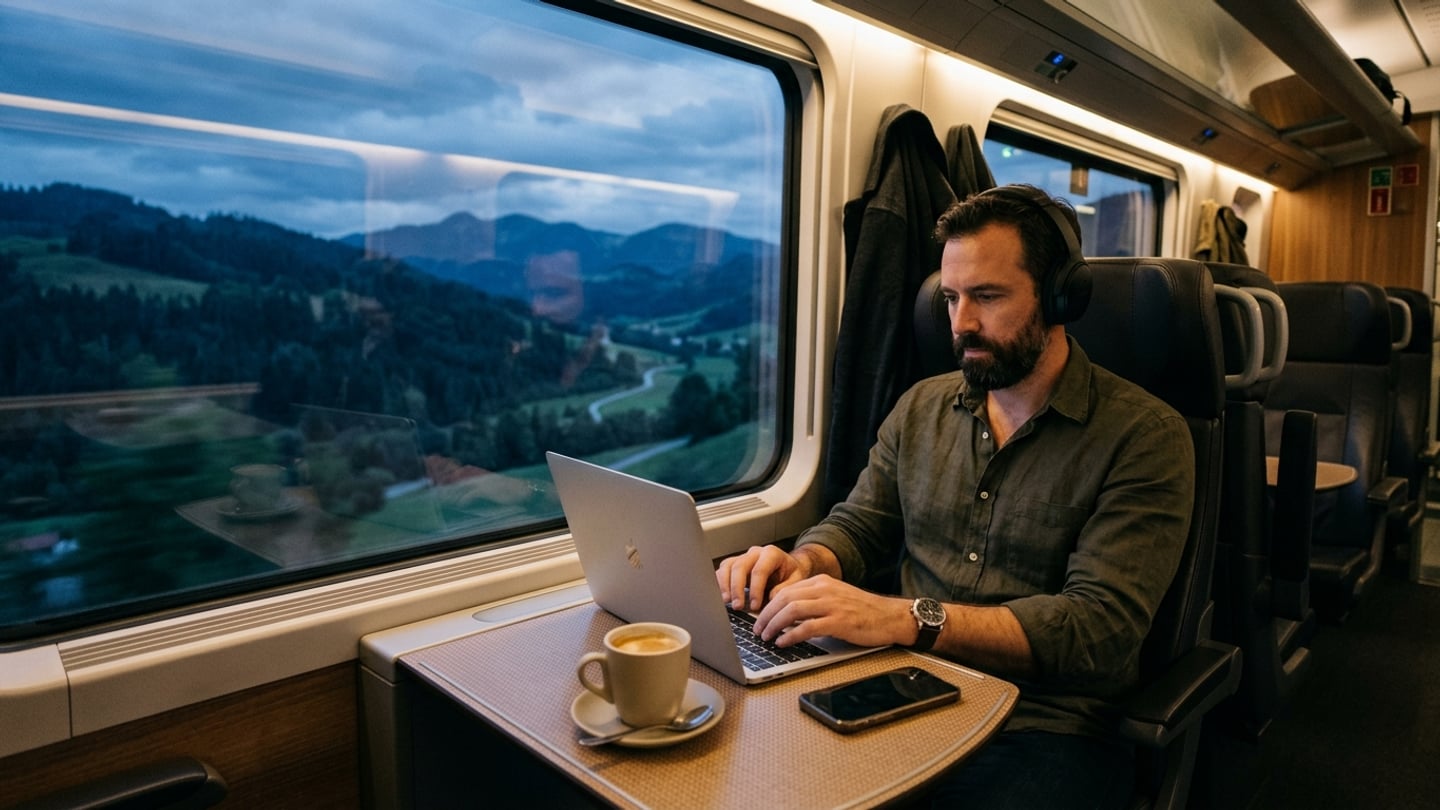 Professional working securely on laptop during international transit